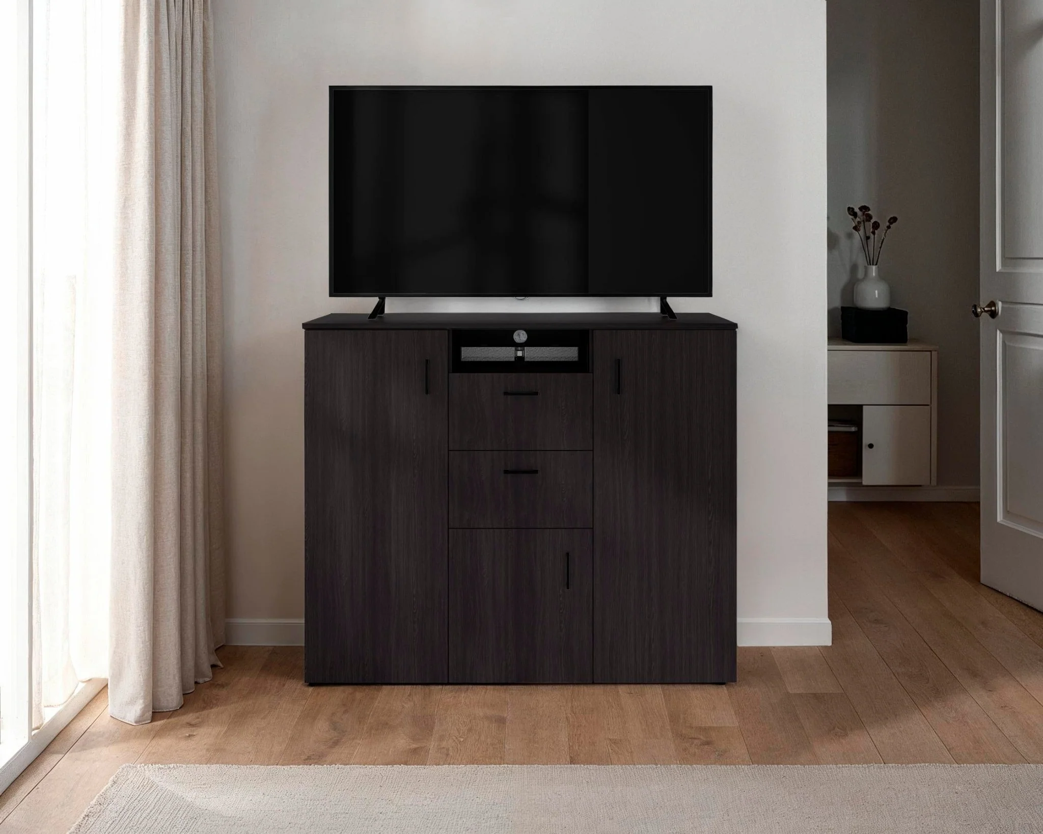 Closet Letna Wengue 140x140cm con 2 Cajones con 4 Entrepaños con Espacio para TV - Imagen 5