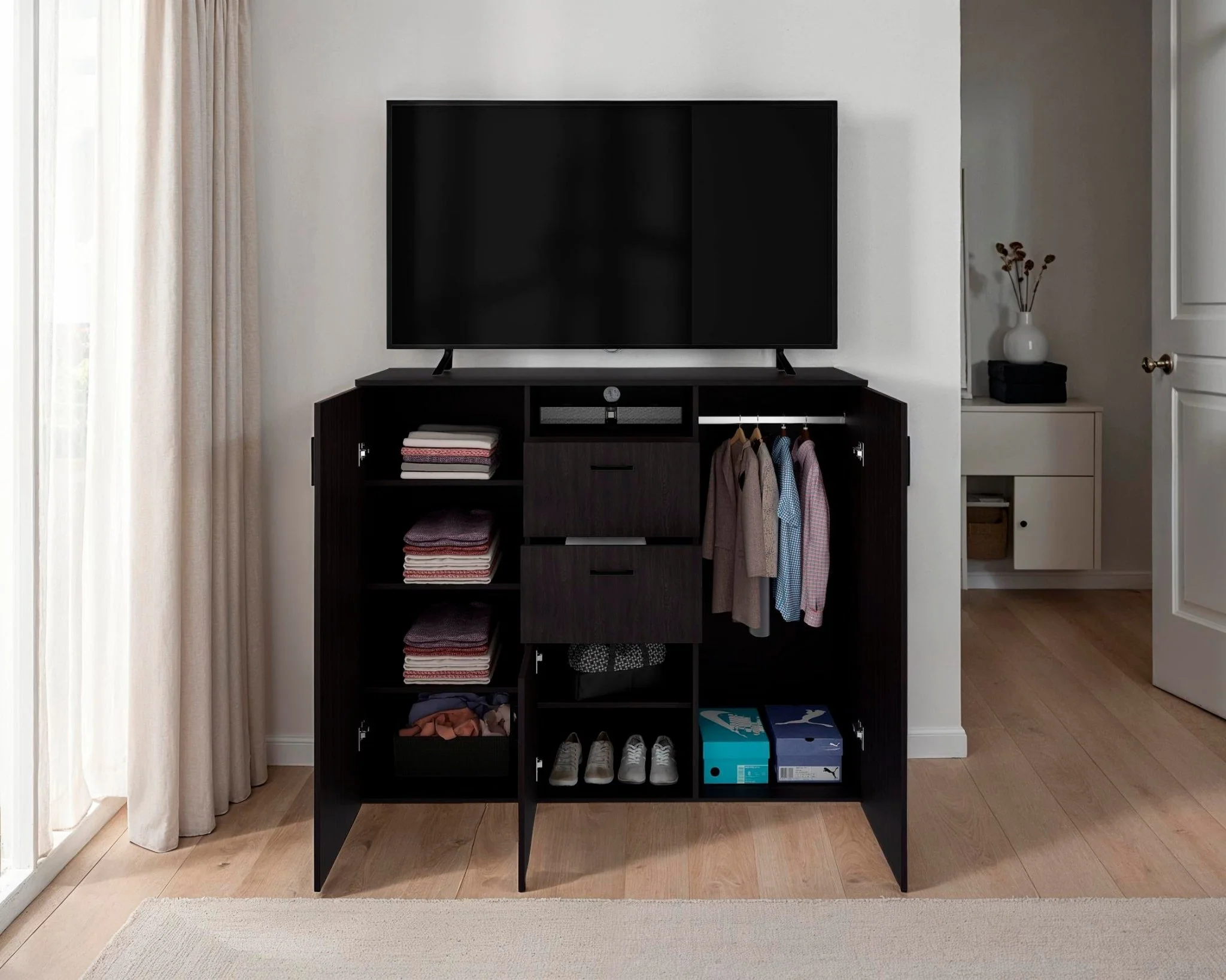 Closet Letna Wengue 140x140cm con 2 Cajones con 4 Entrepaños con Espacio para TV - Imagen 6