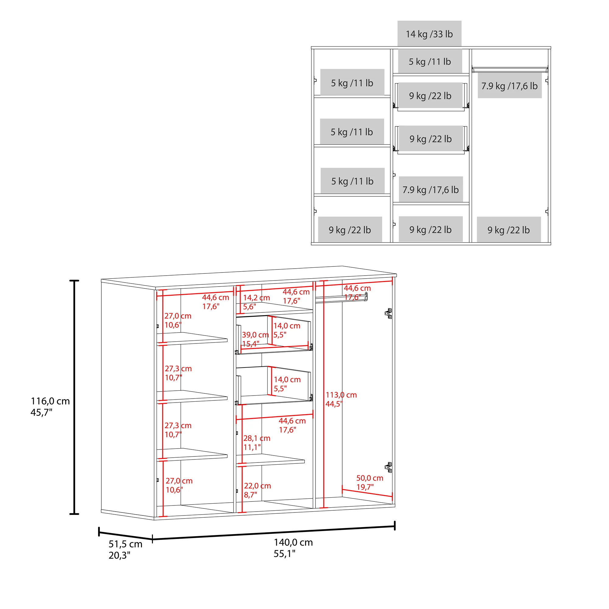 Closet Letna Wengue 140x140cm con 2 Cajones con 4 Entrepaños con Espacio para TV - Imagen 7