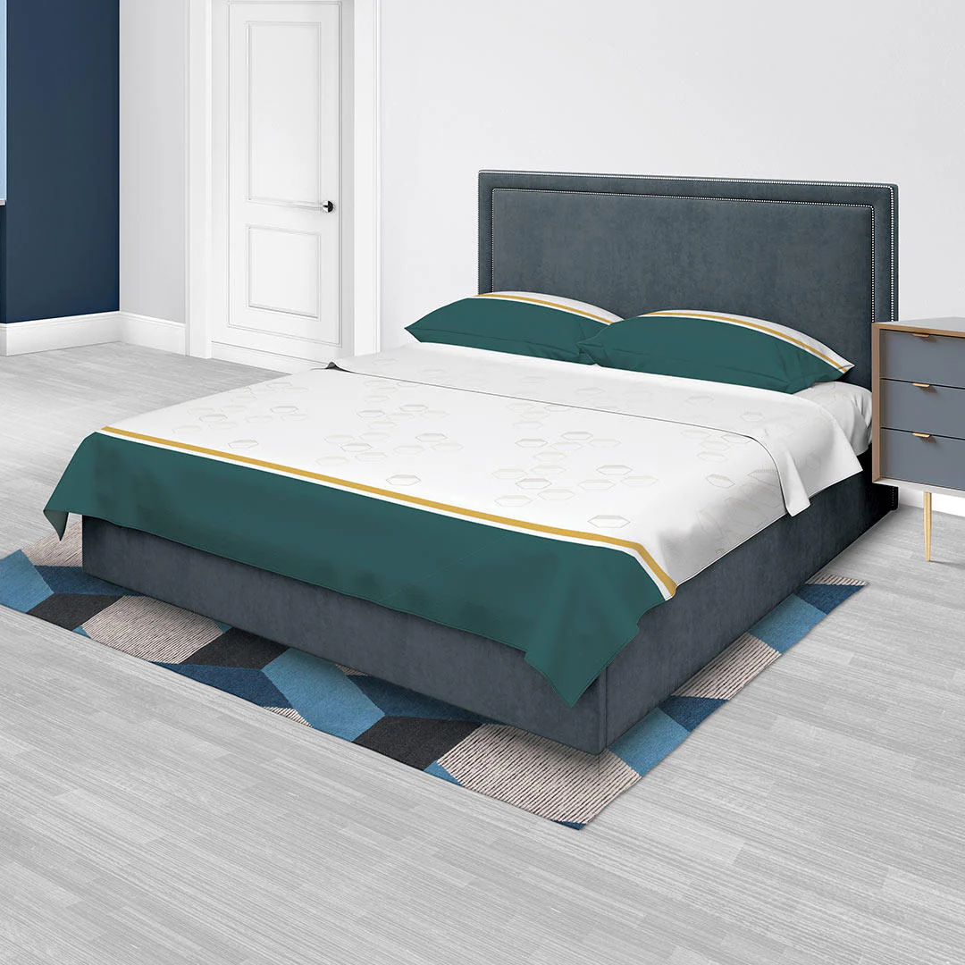 Juego de Sabanas Algodón 250 Hilos King 200 cm Blanco con Líneas Cruzadas y Franja Dorada - Imagen 2