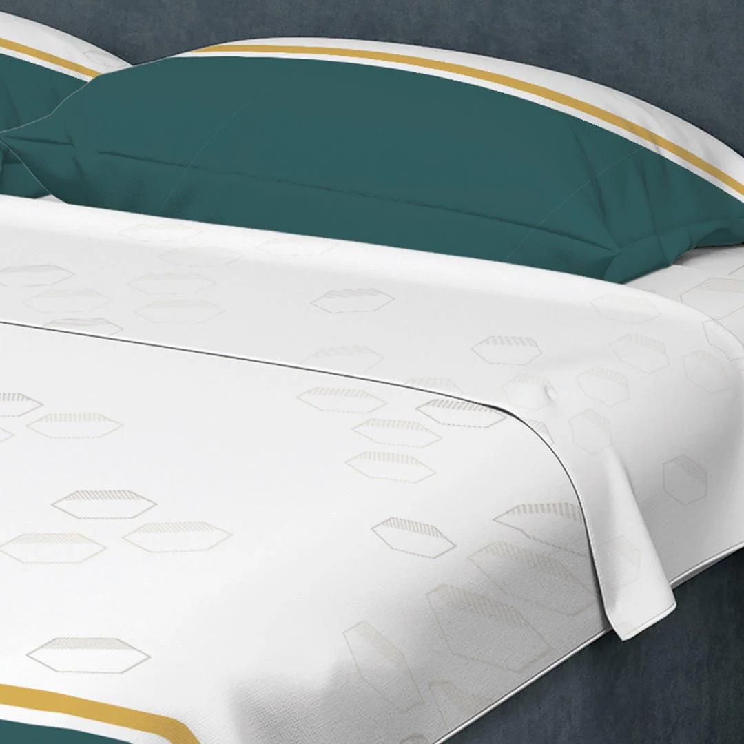 Juego de Sabanas Algodón 250 Hilos King 200 cm Blanco con Líneas Cruzadas y Franja Dorada