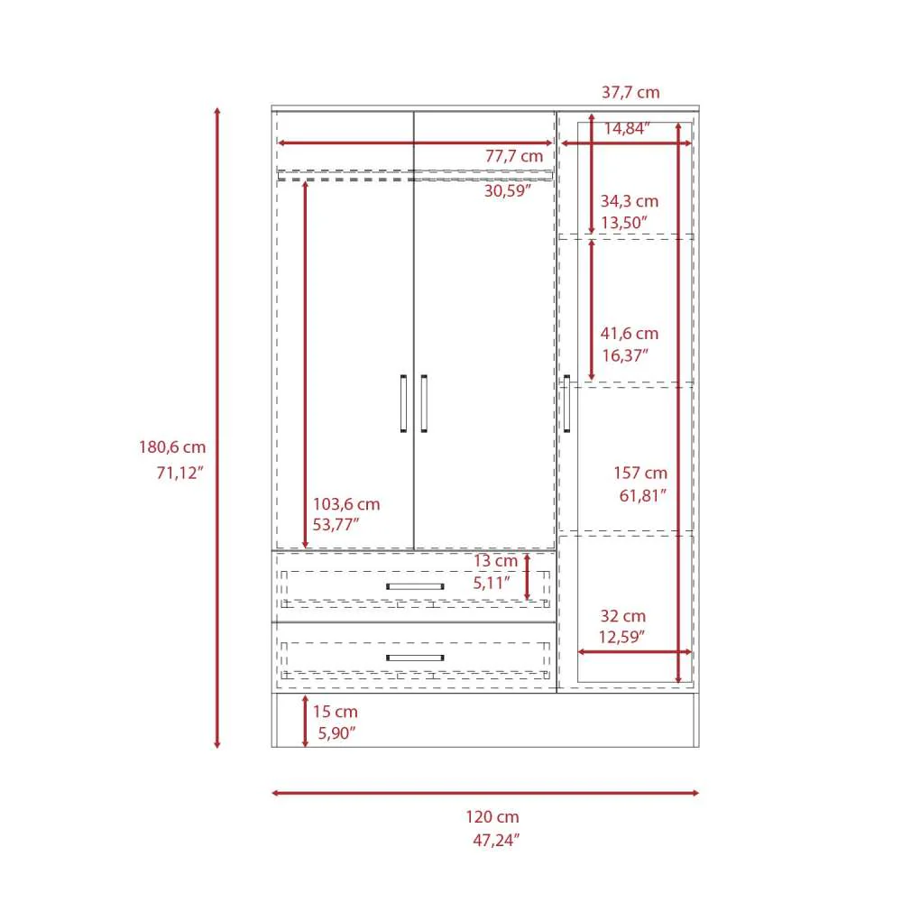 Closet Bolton Ceniza 160 cm con Espejos, Cuatro Puertas y Dos Cajones - Imagen 7