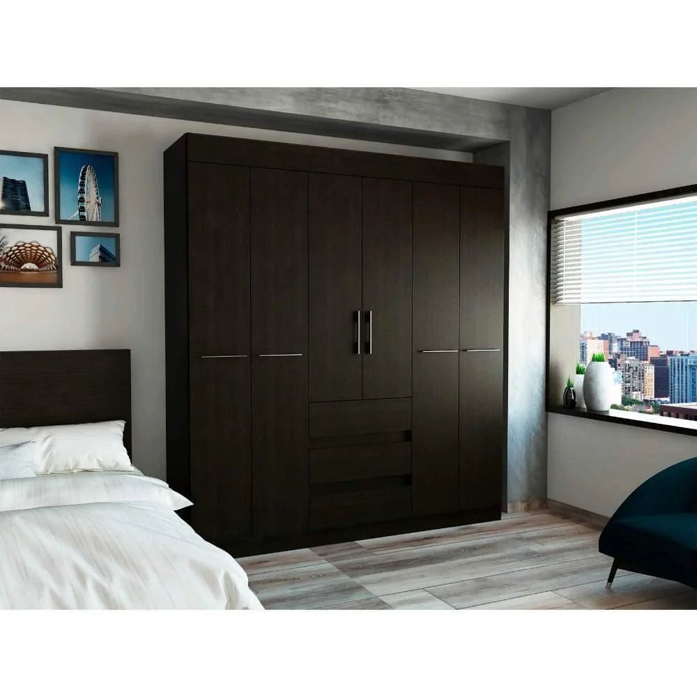 Closet Oslo Wengue 180 cm con Seis Puertas y Tres Cajones