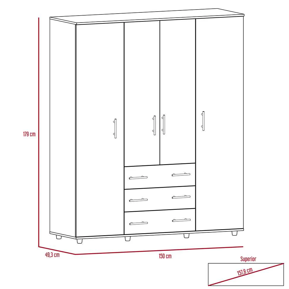 Closet Fontan Bellota 150 cm con Cuatro Puertas y Tres Cajones - Imagen 7