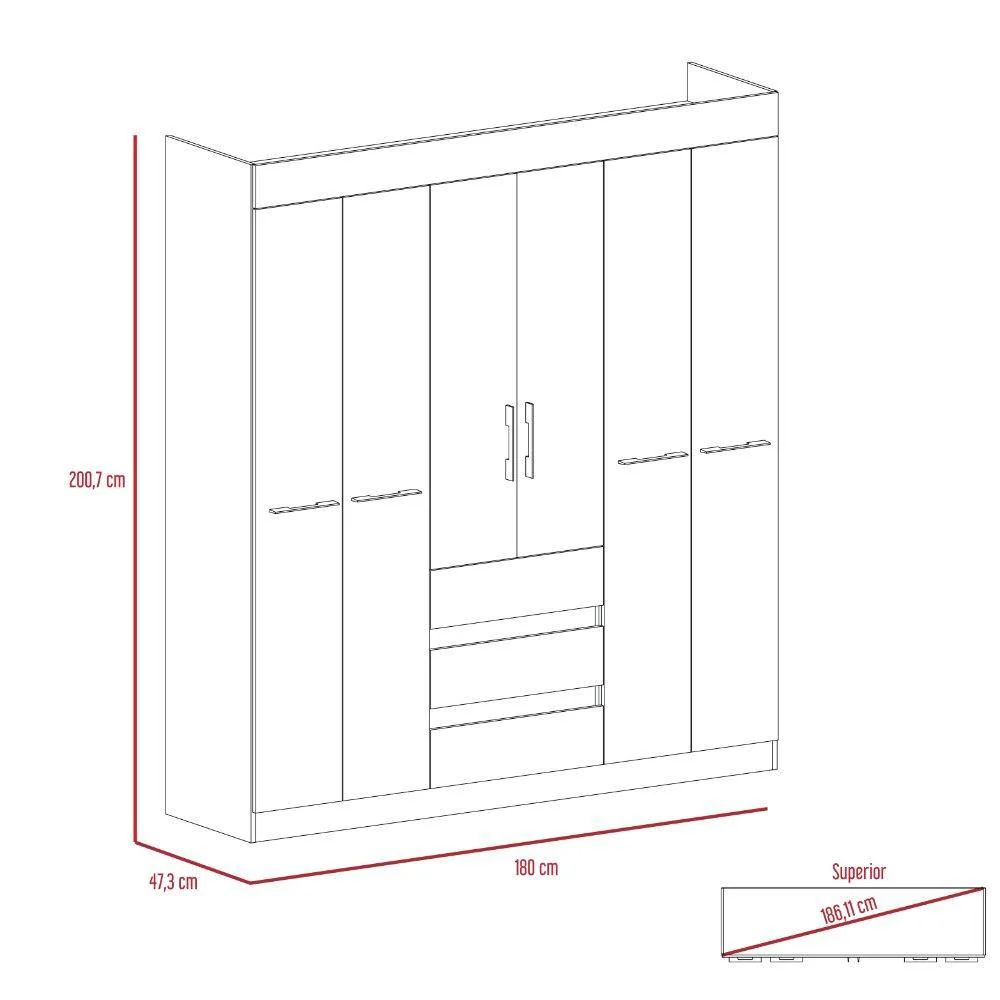 Closet Oslo Wengue 180 cm con Seis Puertas y Tres Cajones - Imagen 5