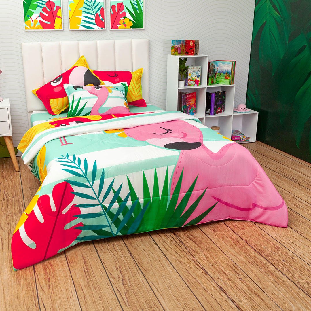 Cubrelecho Semi Acolchado Infantil Azul y Amarillo para Cama Sencillo 100 X 190 Cm Doble Faz de Flamencos