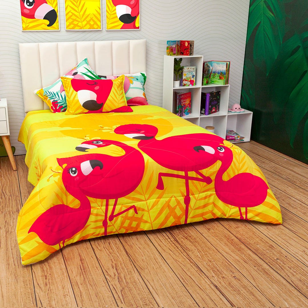 Cubrelecho Semi Acolchado Infantil Azul y Amarillo para Cama Sencillo 100 X 190 Cm Doble Faz de Flamencos - Imagen 2