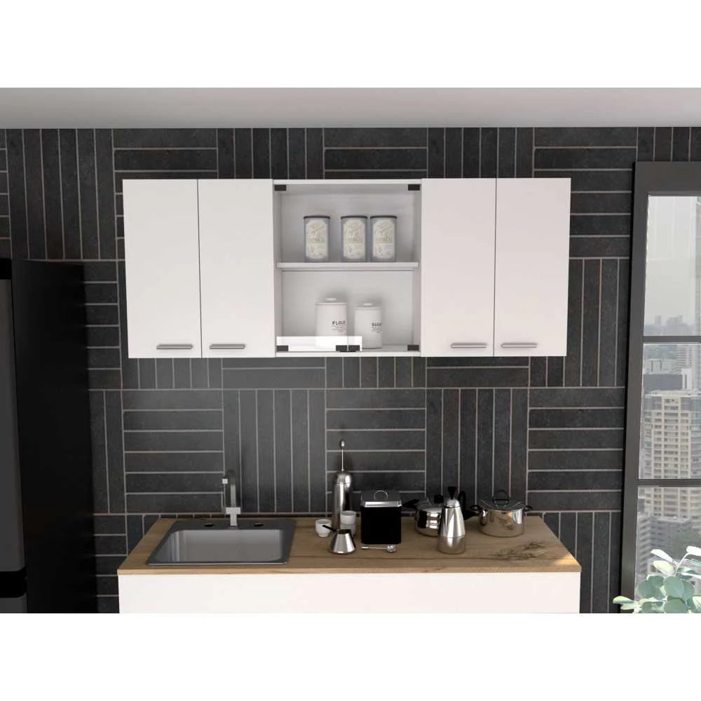 Mueble Superior de Cocina Blanco 150x60cm con Dos Entrepaños y con Seis Puertas