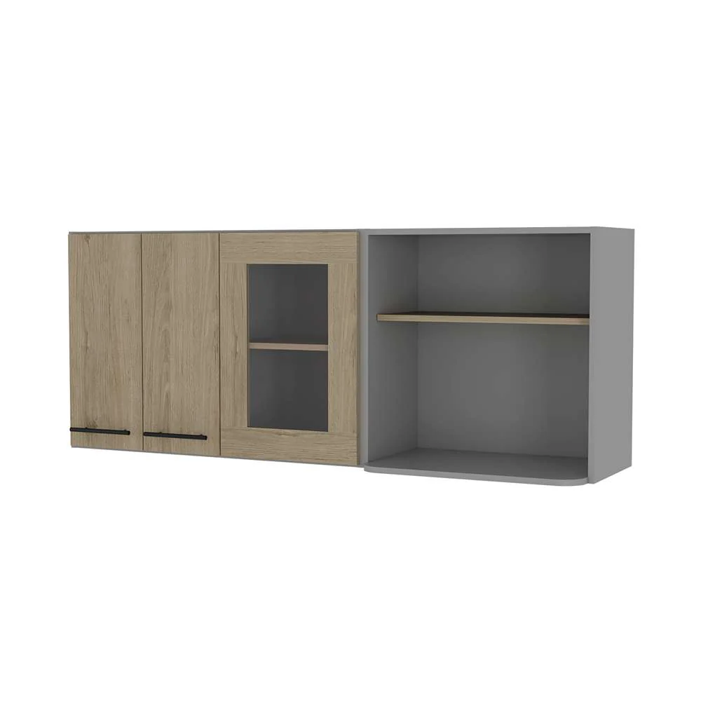 Mueble Superior de Cocina Hasselt Plus Rovere y Gris 150x60cm con Tres Puertas con Locero y con Espacio para Microondas