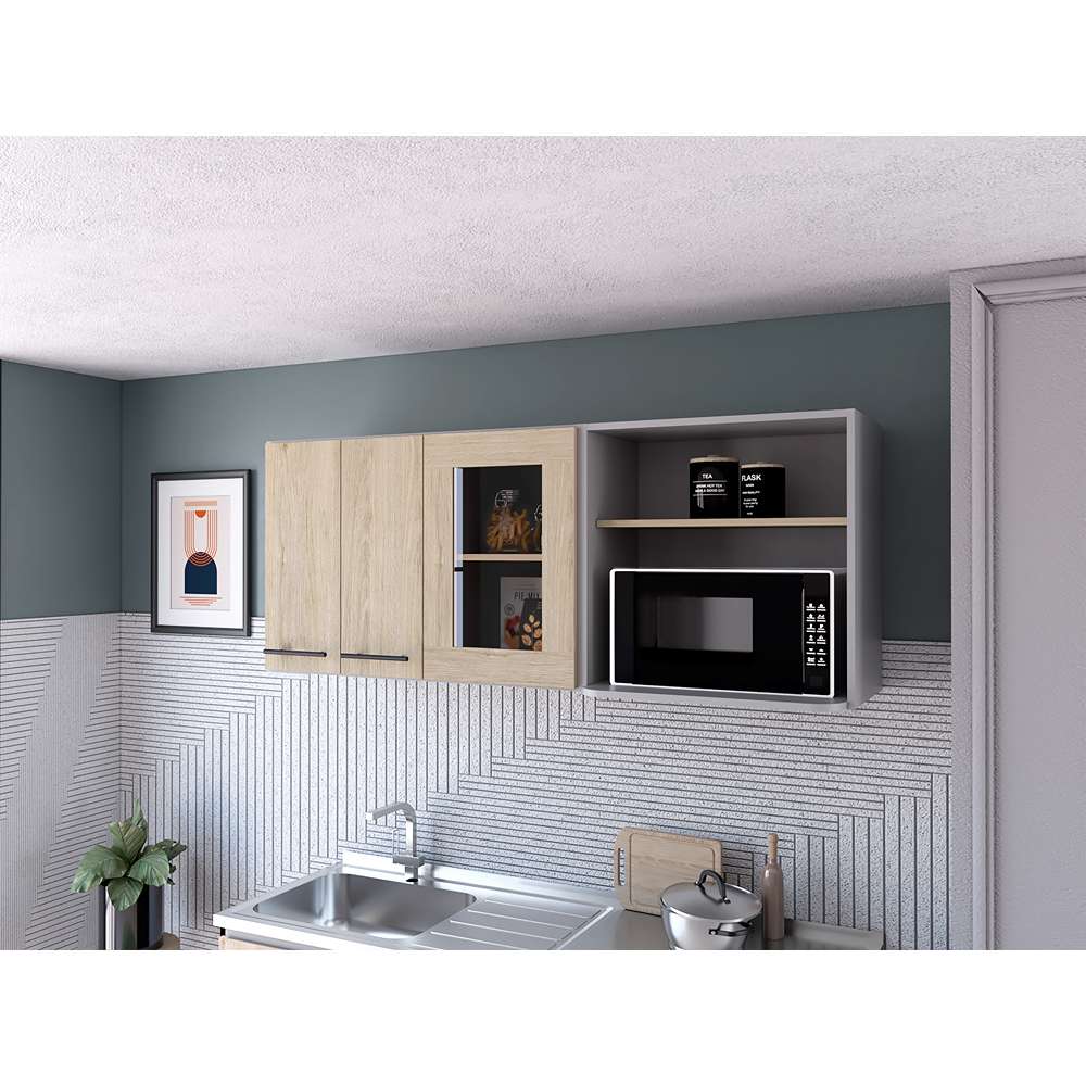 Mueble Superior de Cocina Hasselt Plus Rovere y Gris 150x60cm con Tres Puertas con Locero y con Espacio para Microondas - Imagen 2