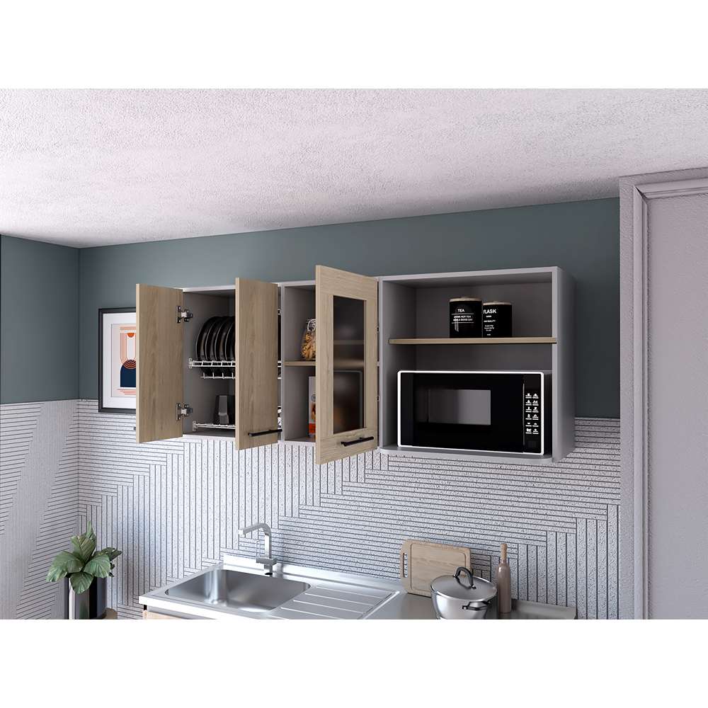 Mueble Superior de Cocina Hasselt Plus Rovere y Gris 150x60cm con Tres Puertas con Locero y con Espacio para Microondas - Imagen 3
