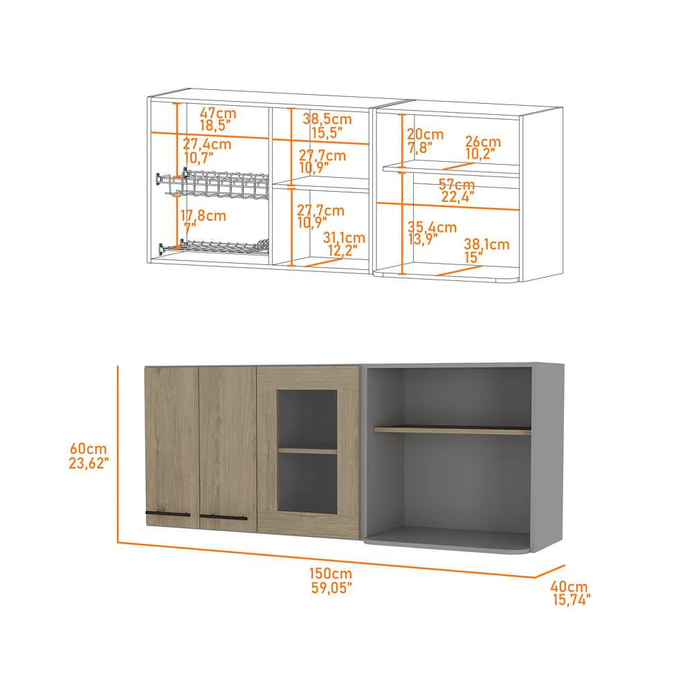 Mueble Superior de Cocina Hasselt Plus Rovere y Gris 150x60cm con Tres Puertas con Locero y con Espacio para Microondas - Imagen 4