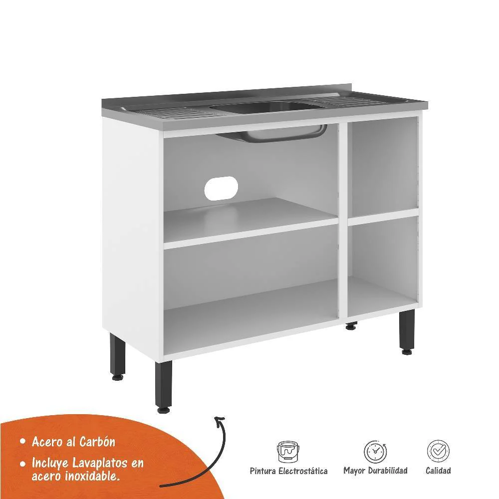 Mueble Inferior Blanco 105x85.3cm con Mesón de Acero Al Carbon y con Pozuelo Lado Izquierdo - Imagen 2