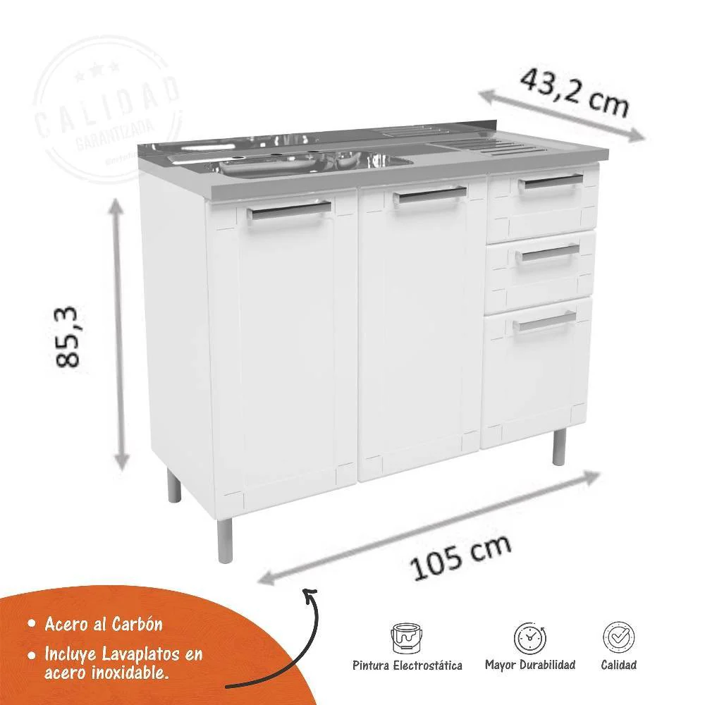 Mueble Inferior Blanco 105x85.3cm con Mesón de Acero Al Carbon y con Pozuelo Lado Izquierdo - Imagen 3